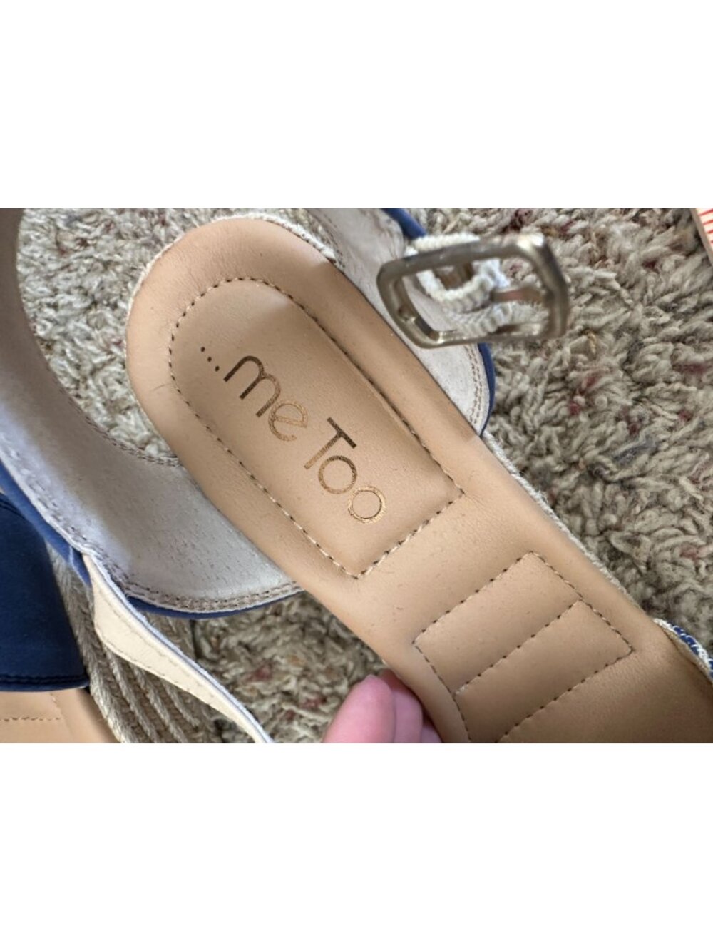Me Too Womens Blue Beige Striped Wedge Sandals 8M Ankle Strap Espadrille Style - Picture 4 of 9